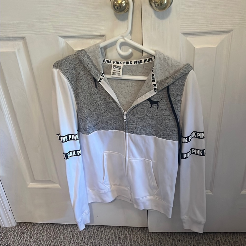 Gray and White Zip-Up Hoodie